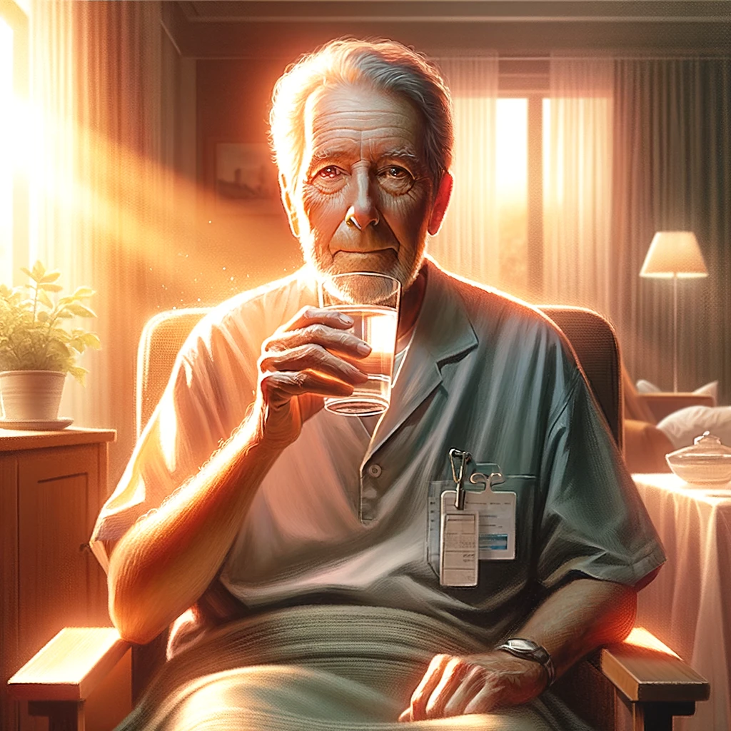 dallc2b7e-2024-04-04-07.46.11-a-digital-painting-of-an-elderly-male-patient-sitting-in-a-chair-in-a-hospital-setting-drinking-from-a-glass-of-water-to-alleviate-his-dry-mouth.-war
